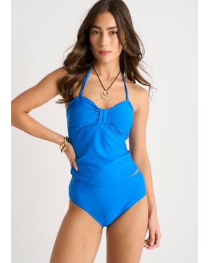 Blauwe tanktop met ruches aan de voorkant