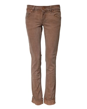 Acht Bruine Katoenen Slim Fit Denim Lage Taille Jeans