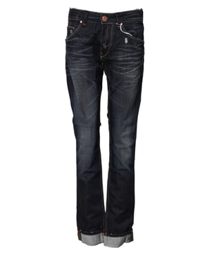 Acht Blauwe Gewassen Katoenen Midden Taille Wijde Denim Jeans