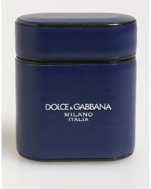 Dolce & Gabbana Blauwe Leren Logo Print Flip Houder Mannen Airpods Hoes