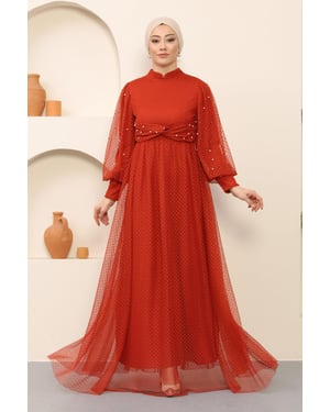 Parel Detailed Tule Avondjurk Terracotta