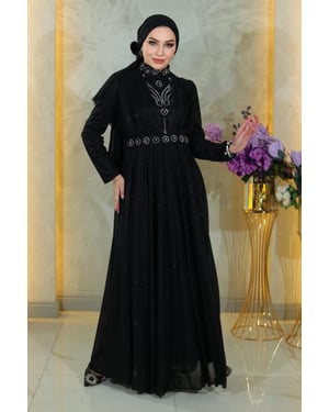 Steen Detailed, Gedrapeerd Chest, Glitterend Avondjurk, Zwart