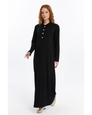 Dames Overhemd Kraag Detailed Half stolp Thin Seasonal Cold Yarn Gebreide kleding Jurk Zwart