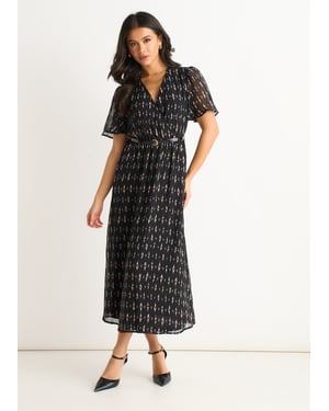 Zwarte midi-jurk van zijde met geometrische print