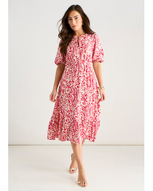 Midi-jurk met rode paisleyprint en elastische tailleband