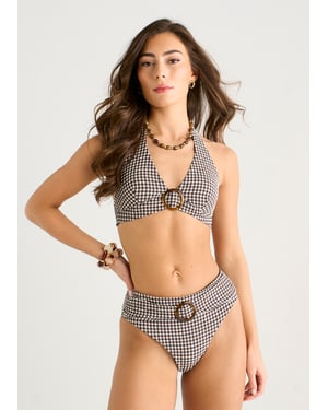 Bikinibroekje van bruin seersucker met ruitjesmotief