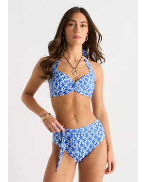 Bikinitop met blauwe kettingprint en gedraaide voorkant