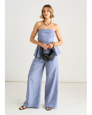 Blauwe formele broek met wijde pijpen en plooien aan de voorkant
