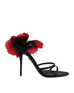 Dolce & Gabbana Zwarte Leren Strap Sandalen met Bloemen Heels Schoenen