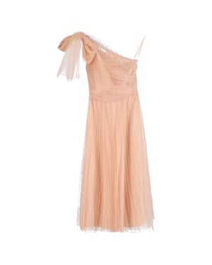 Red Valentino midi-jurk met één schouder, geplooide point-d'esprit tule in beige polyester