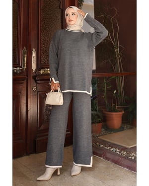Split Detailed Gebreide kleding Pak Grijs