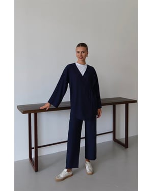 Kreukellook Textured Kimono Pak Marineblauw
