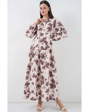 Bloemen Maxi Jurk met Mandarin Kraag en Knopen Sluiting