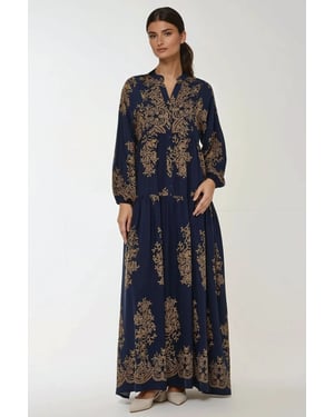 Geprinte Lange Mouwen Viscose Maxi Jurk