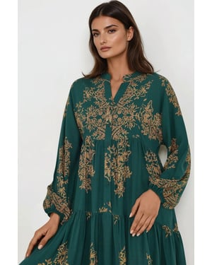 Gedrukte Lange Mouwen Viscose Maxi Jurk