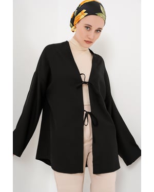 Linnenmix Lange Mouw Kimono met Binding Detail