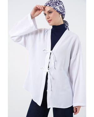 Linnenmix Lange Mouwen Kimono met Binding Detail