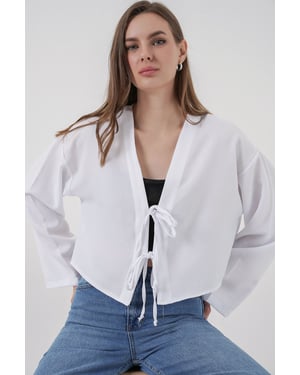 Viscose Blend V-Hals Lange Mouw Kimono met Binding Detail