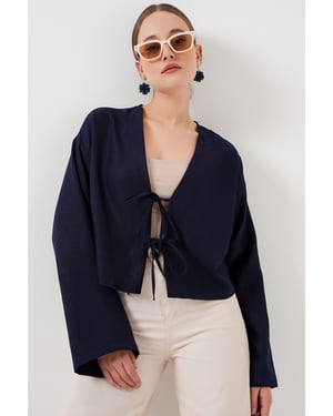 Viscose Mix V-hals Lange Mouwen Kimono met Binding Detail
