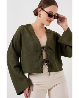 Viscose Blend V-Hals Lange Mouw Kimono met Binding Detail