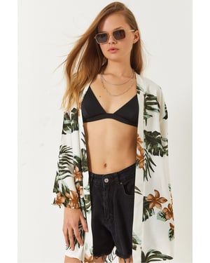 Floral Geprinte Losse Fit Kimono met Sjaalkraag