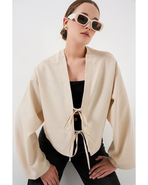 Viscose Blend V-Hals Langere Mouwen Kimono met Binding Detail