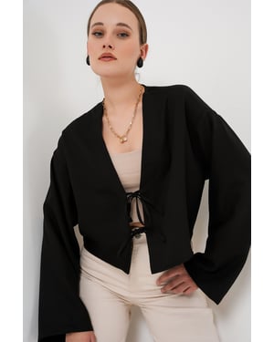 Viscose Blend V-Hals Lange Mouw Kimono met Binding Detail