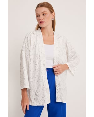 Geprinte Pompom Trim Schouderkraag Kimono