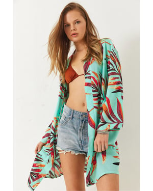 Bedrukte Katoenen Lange Kimono met Hemdkragen