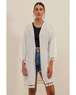 Midi Strand Kimono met Pompom Detail