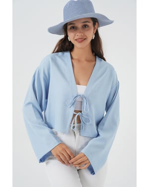 Viscose Blend V-Hals Lange Mouw Kimono met Binding Detail