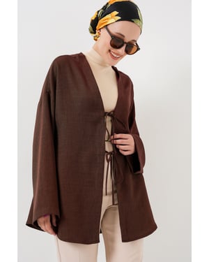 Linnenmix Lange Mouw Kimono met Binding Detail