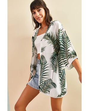 Tropisch Patroon Lange Satijnen Kimono