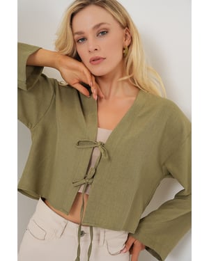 Viscose Blend V-Hals Lange Mouw Kimono met Binding Detail