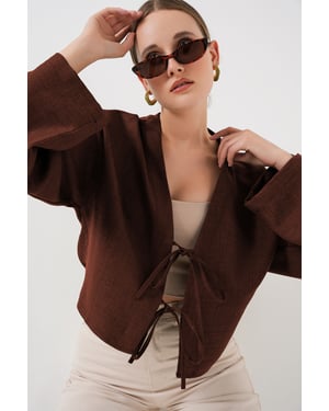 Viscose Blend V-Hals Lange Mouw Kimono met Binding Detail