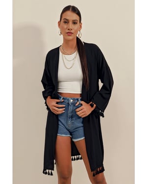 Midi Strand Kimono met Pompom Detail