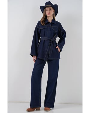 Denimset met zakdetailjasje en rechte broek