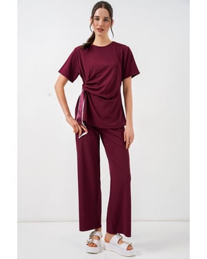 Crew Neck Met Strikdetail Geribbelde Set met Wijd Uitlopende Broek