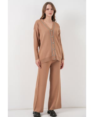 V-hals cardigan en wijde broek set