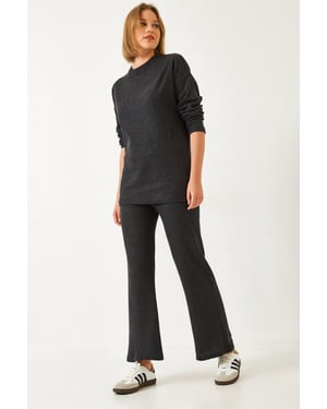 Geribbelde Textuur Crew Neck Trui en Broek Set