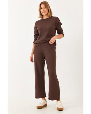Geribbelde Textuur Crewneck Trui en Broek Set