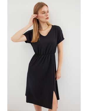 Gestructureerde V-hals Midi Brei-jurk met Scheur