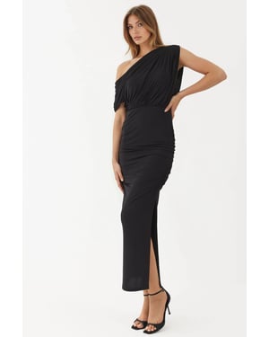 Geweven Midi Wikkeljurk met Asymmetrische Kraag en Splitsdetails