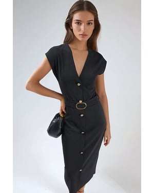 Gestructureerde Midi Jurk met V-hals