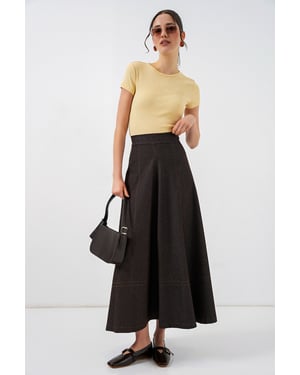 Hoge Taille Denim A-Lijn Maxi Rok met Zakken