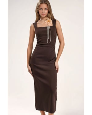 Vierkante Kraag Bodycon Midi-jurk met Splits