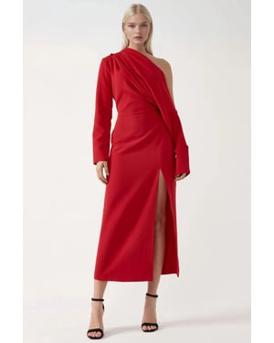 Asymmetrische Kraag Bodycon Midi Jurk met Splits
