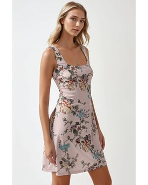 Bodycon Mini Jurk met Vierkante Kraag en Bloemenprint