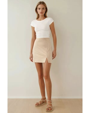 Hoge Taille Mini Suède Rok met Splits