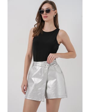Hoge Taille Metallic Fabric Mini Skorts met Knopen Sluiting
